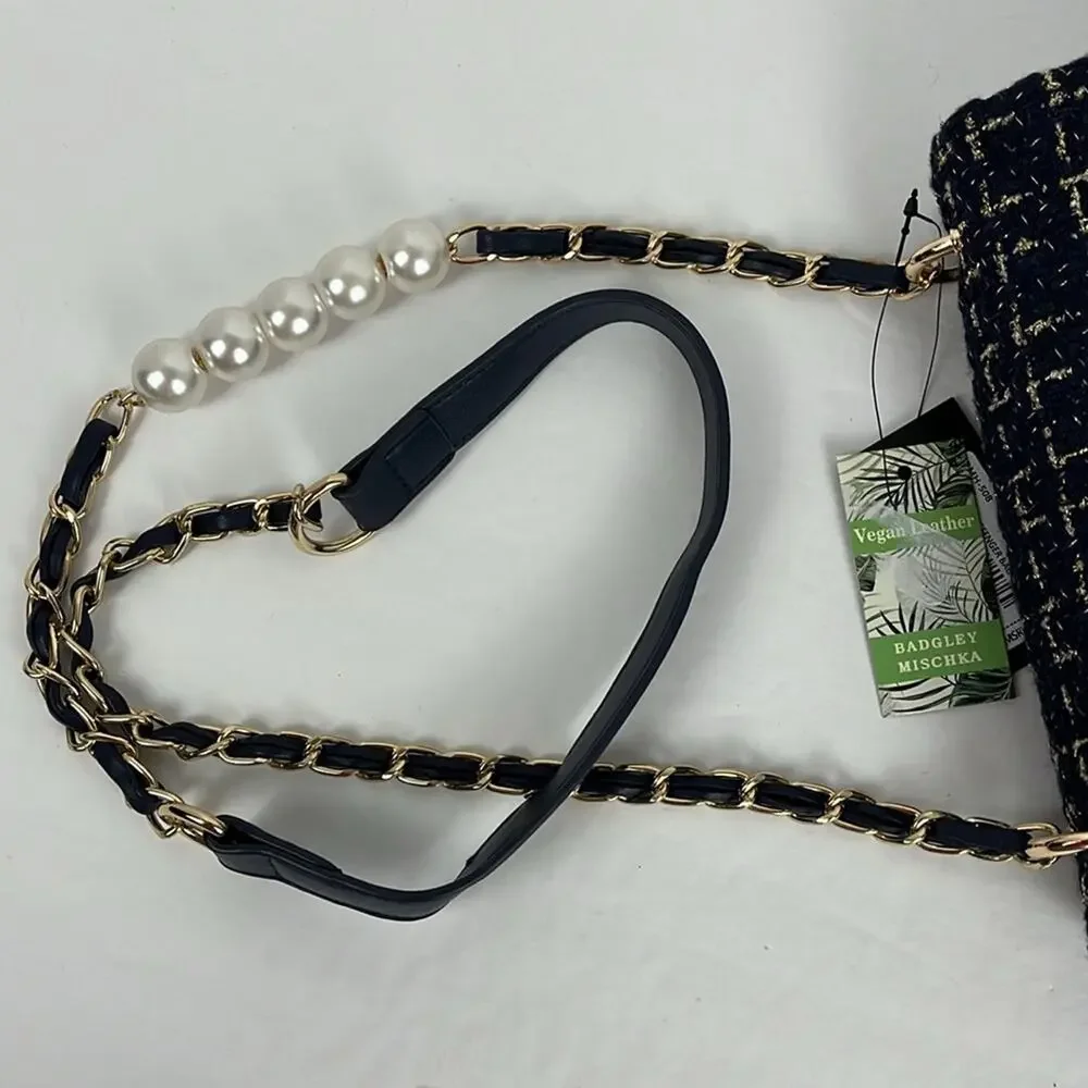 Badgley Mischka Purse Navy Blue Textured Messenger Bag Crossbody Gold Accents - Picture 11 of 11